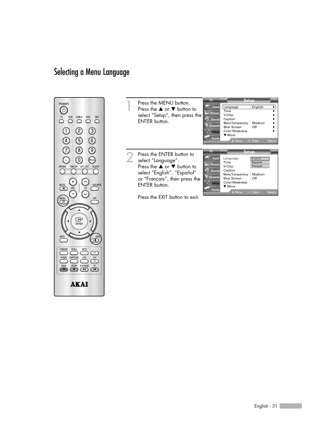 Akai PT50DL14 manual Selecting a Menu Language, Setup 