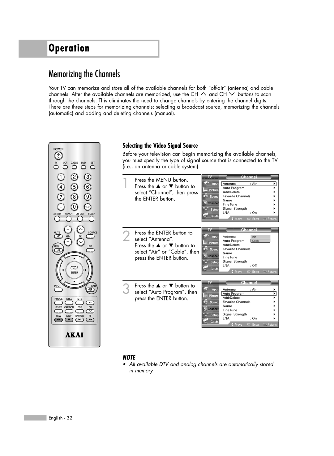 Akai PT50DL14 manual Memorizing the Channels, Selecting the Video Signal Source 