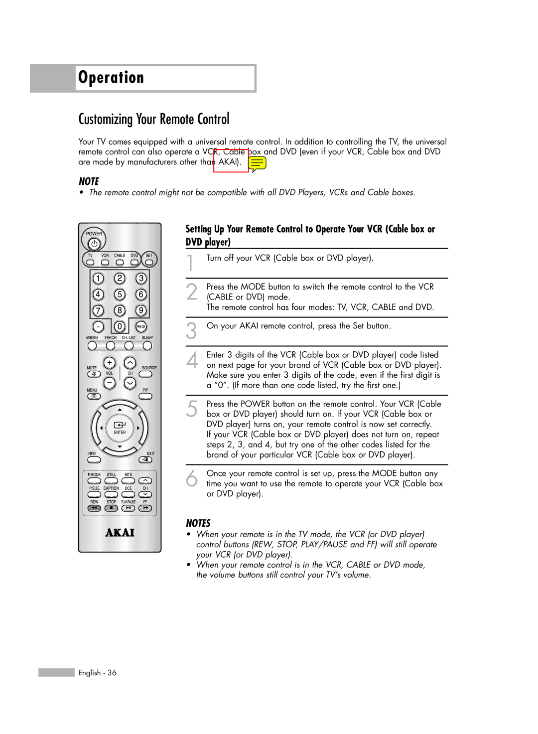 Akai PT50DL14 manual Customizing Your Remote Control, DVD player 