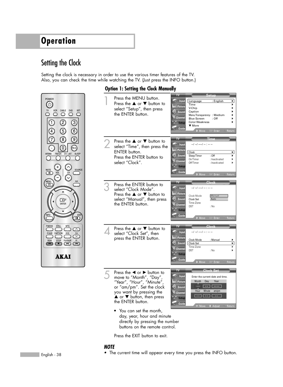 Akai PT50DL14 manual Option 1 Setting the Clock Manually 