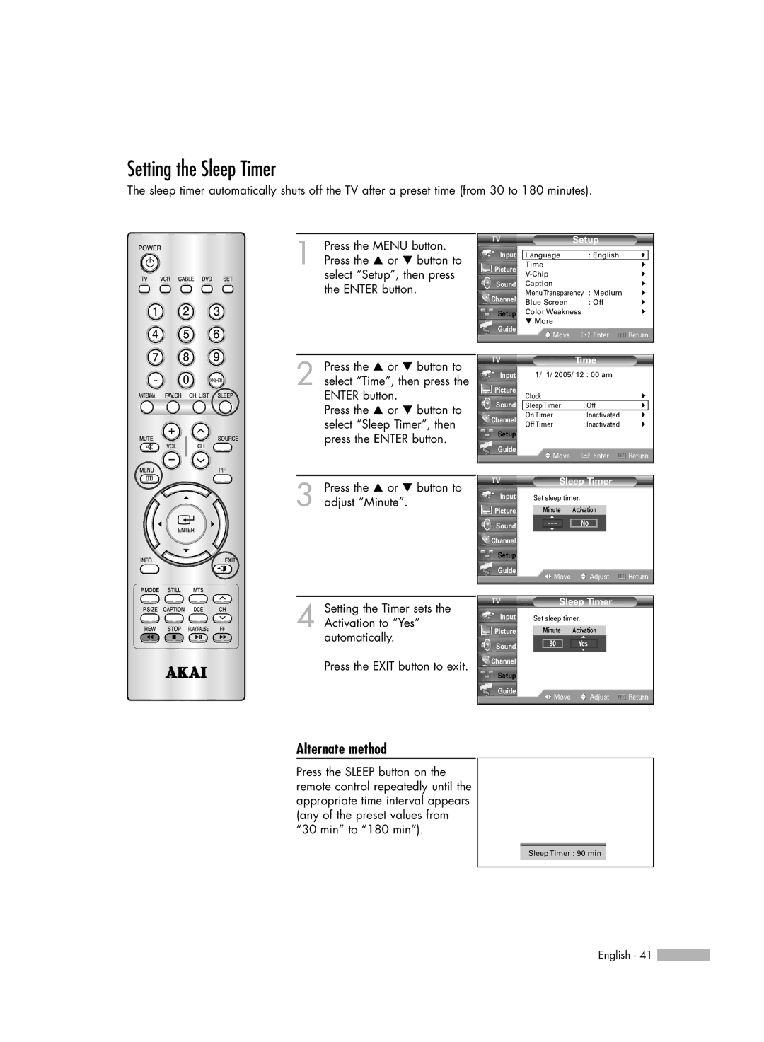 Akai PT50DL14 manual Setting the Sleep Timer, Alternate method 