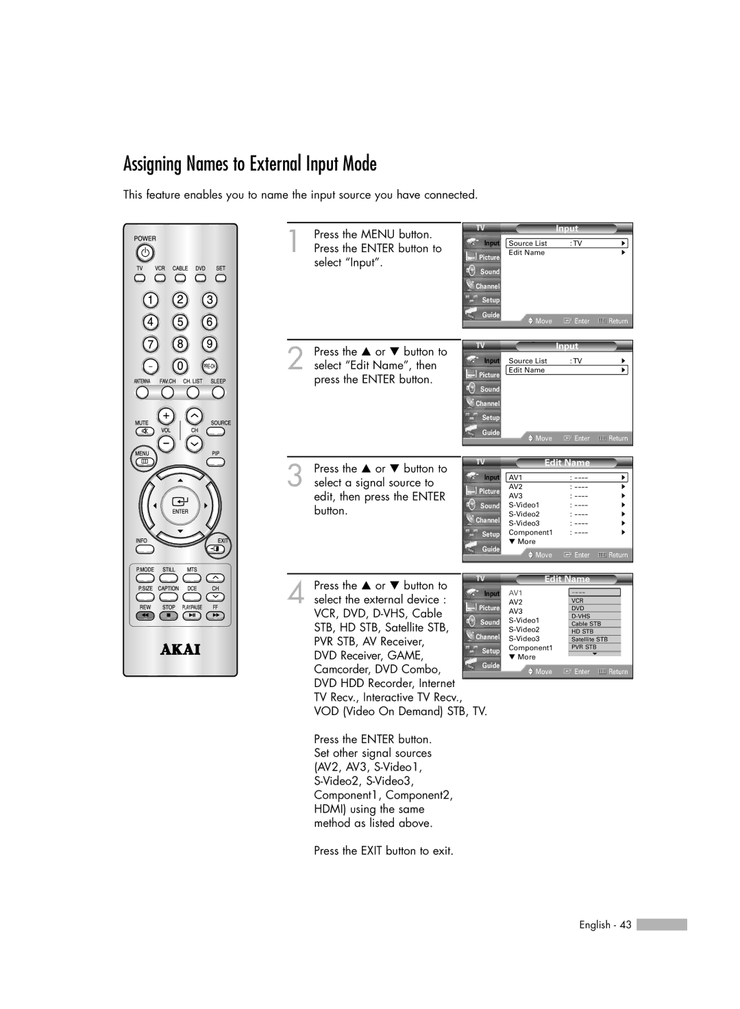 Akai PT50DL14 manual Assigning Names to External Input Mode, Edit Name 