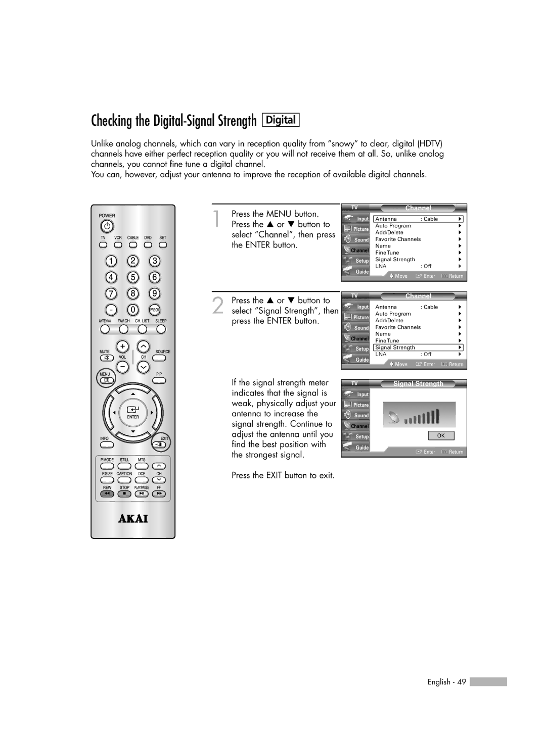 Akai PT50DL14 manual Digital, Signal Strength 