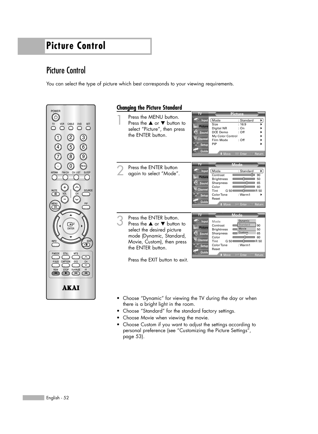 Akai PT50DL14 manual Picture Control, Mode 