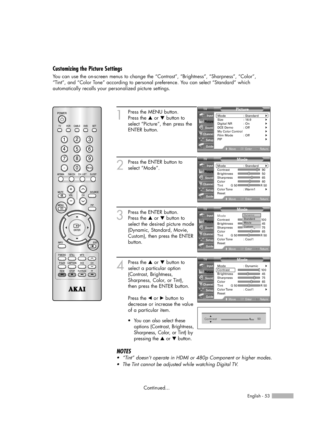 Akai PT50DL14 manual Customizing the Picture Settings 