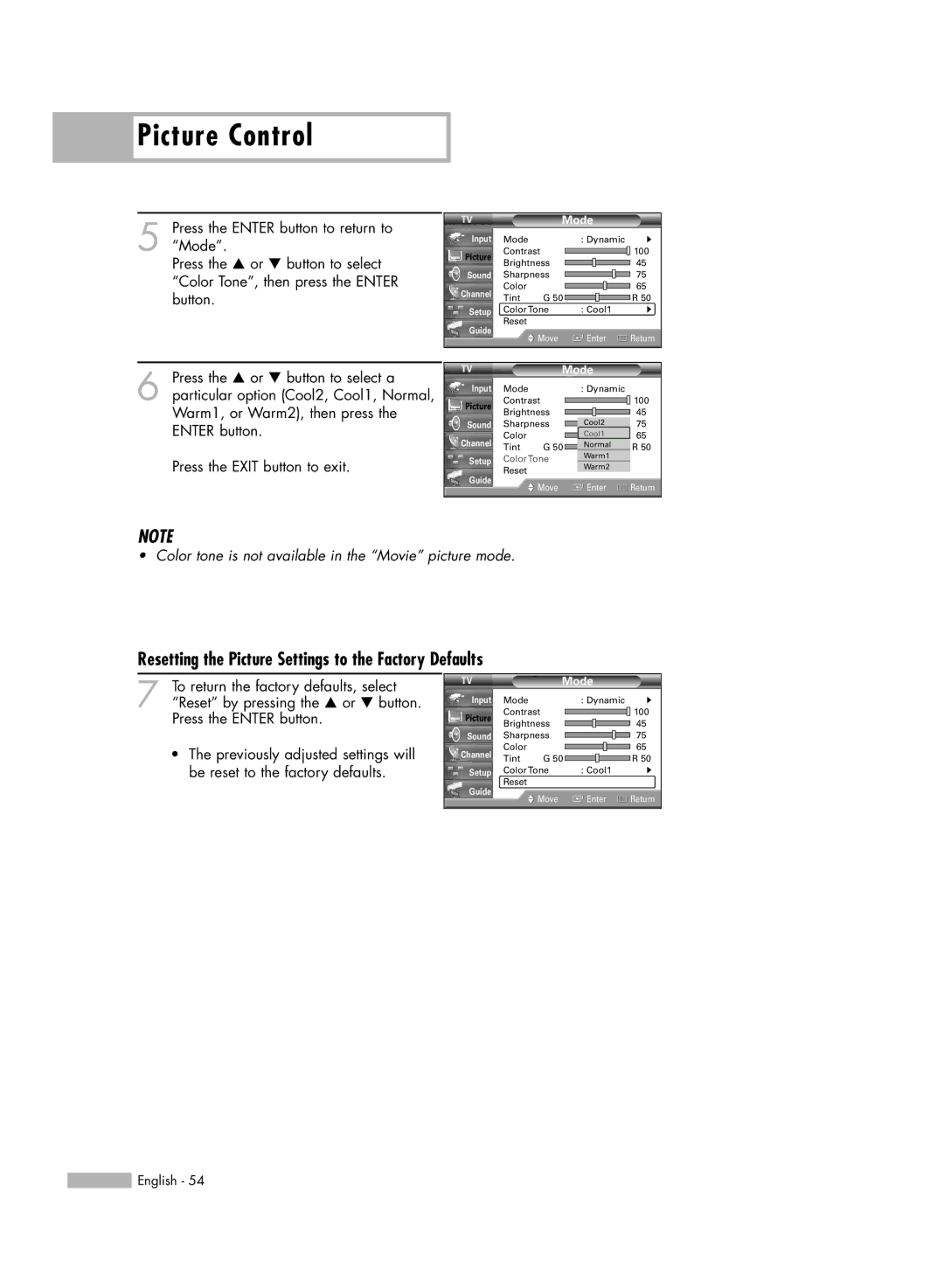 Akai PT50DL14 manual Resetting the Picture Settings to the Factory Defaults 