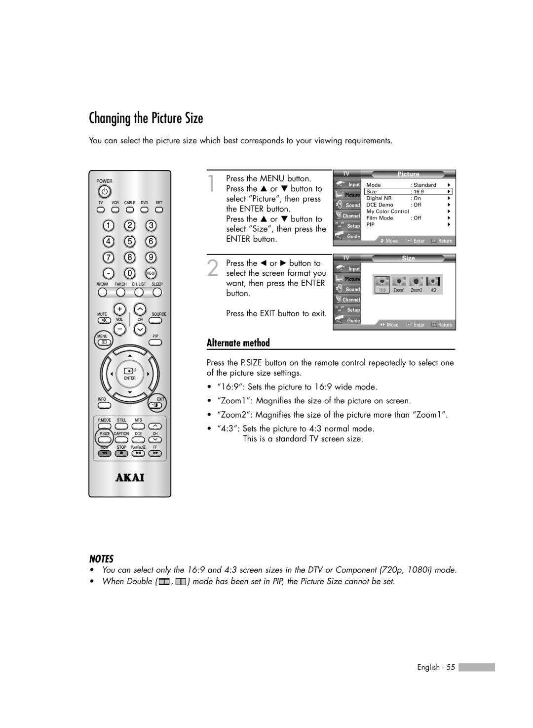 Akai PT50DL14 manual Changing the Picture Size 