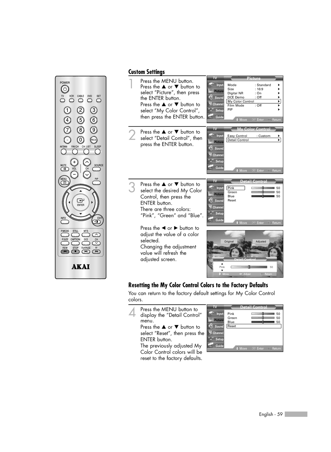 Akai PT50DL14 manual Custom Settings, My Color Control, Detail Control 