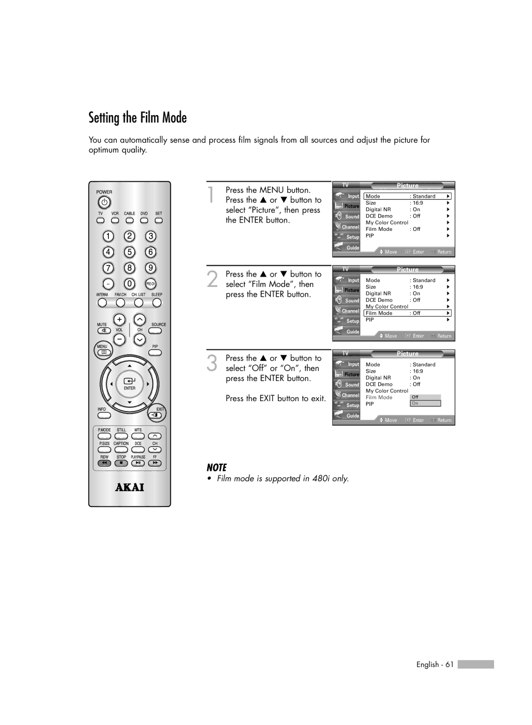 Akai PT50DL14 manual Setting the Film Mode 