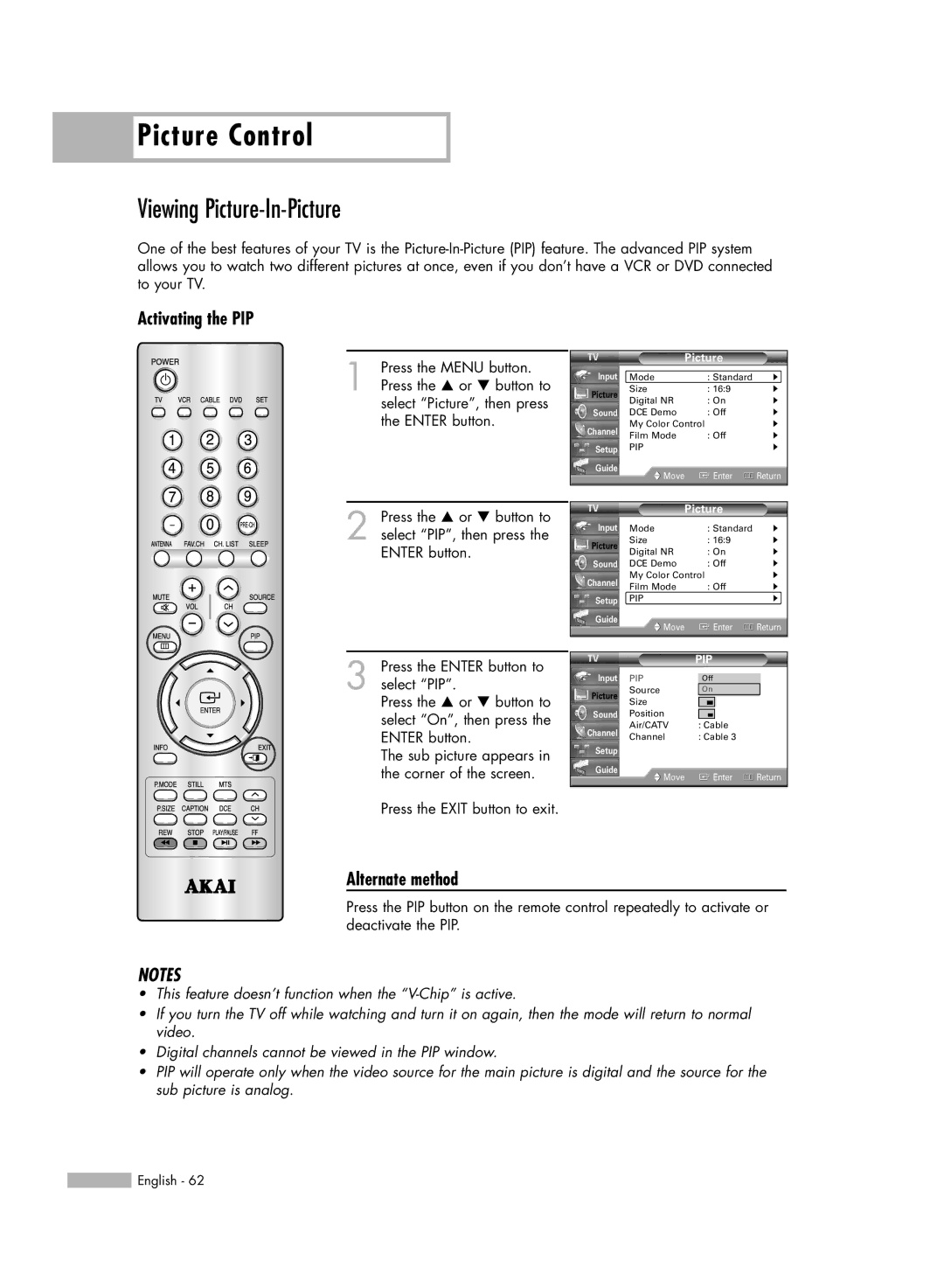 Akai PT50DL14 manual Viewing Picture-In-Picture, Activating the PIP 