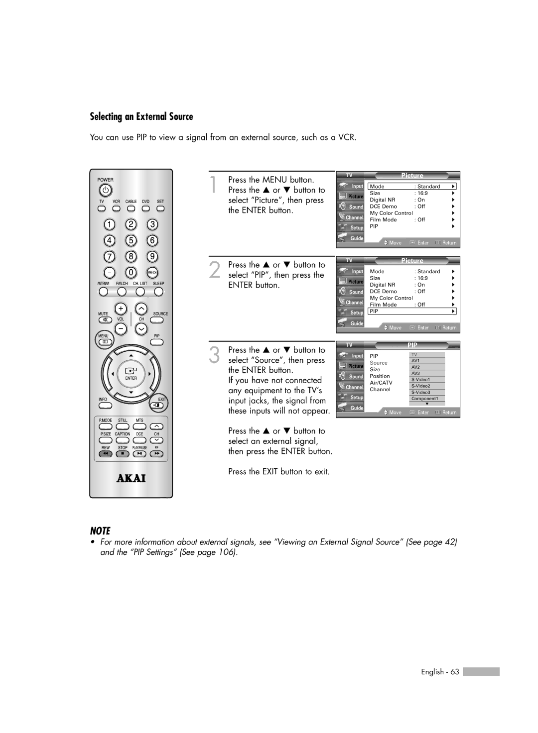 Akai PT50DL14 manual Selecting an External Source, Pip 