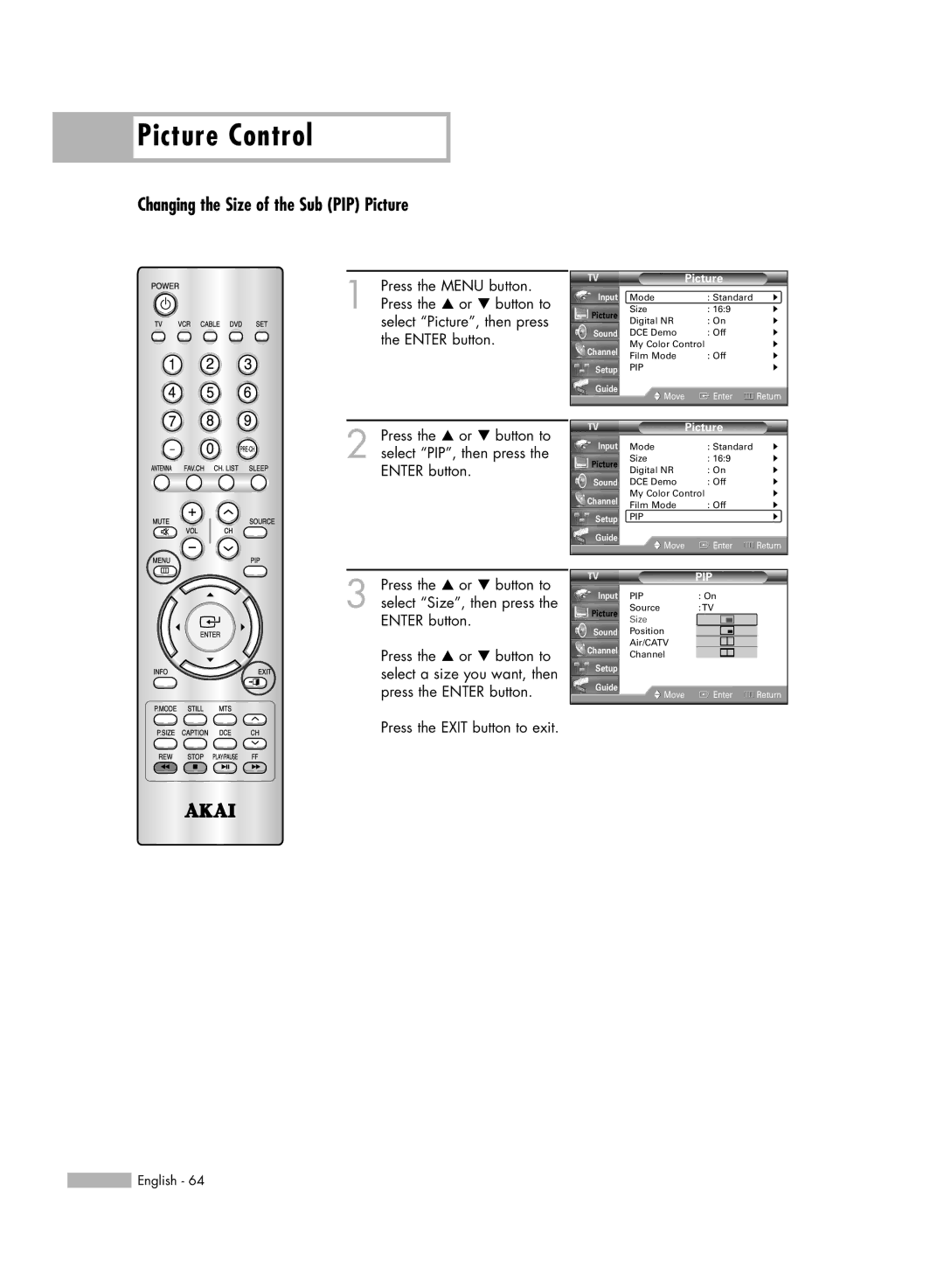 Akai PT50DL14 manual Changing the Size of the Sub PIP Picture 