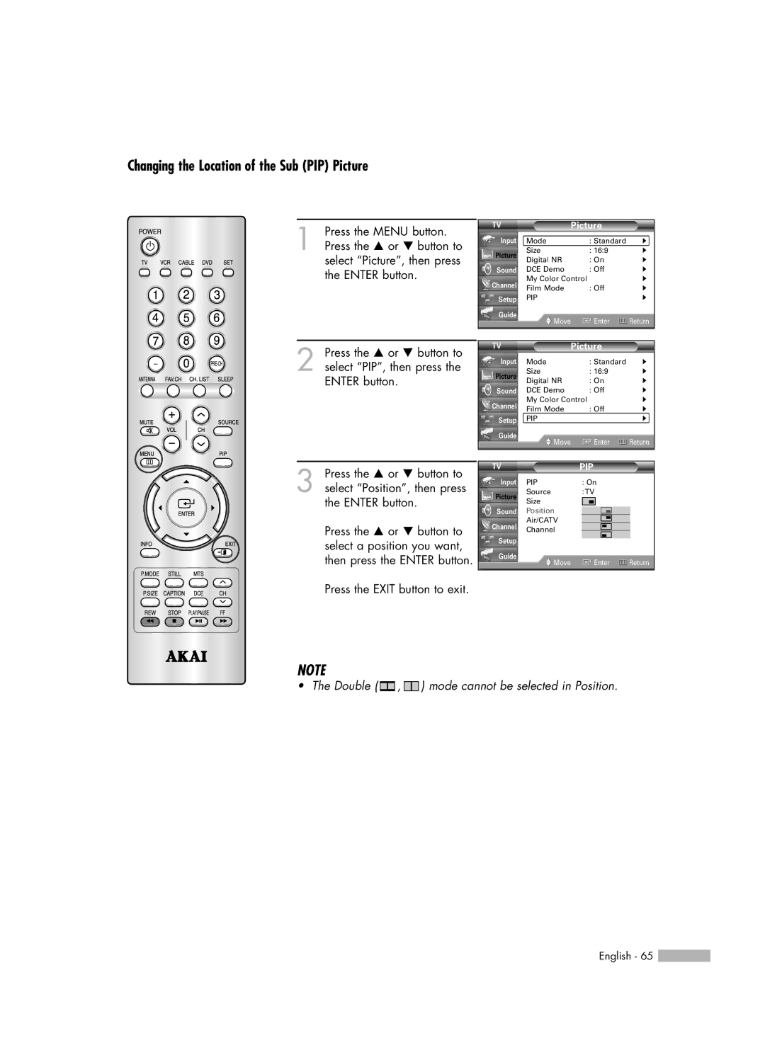 Akai PT50DL14 manual Changing the Location of the Sub PIP Picture 