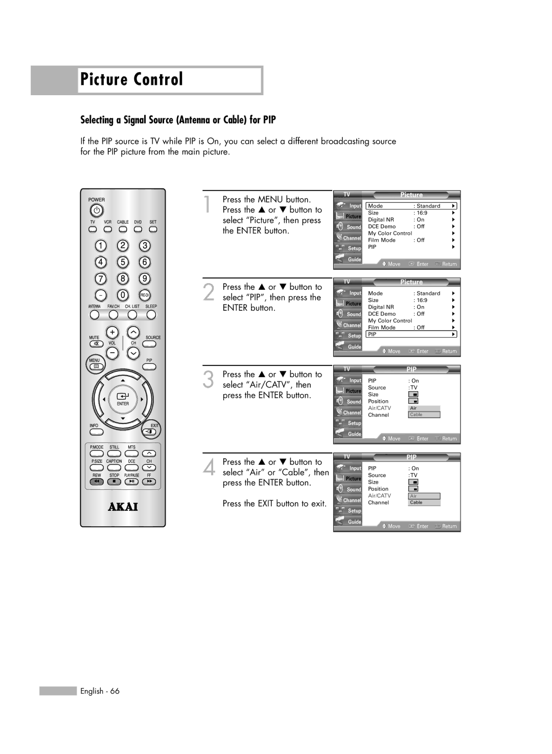 Akai PT50DL14 manual Selecting a Signal Source Antenna or Cable for PIP 