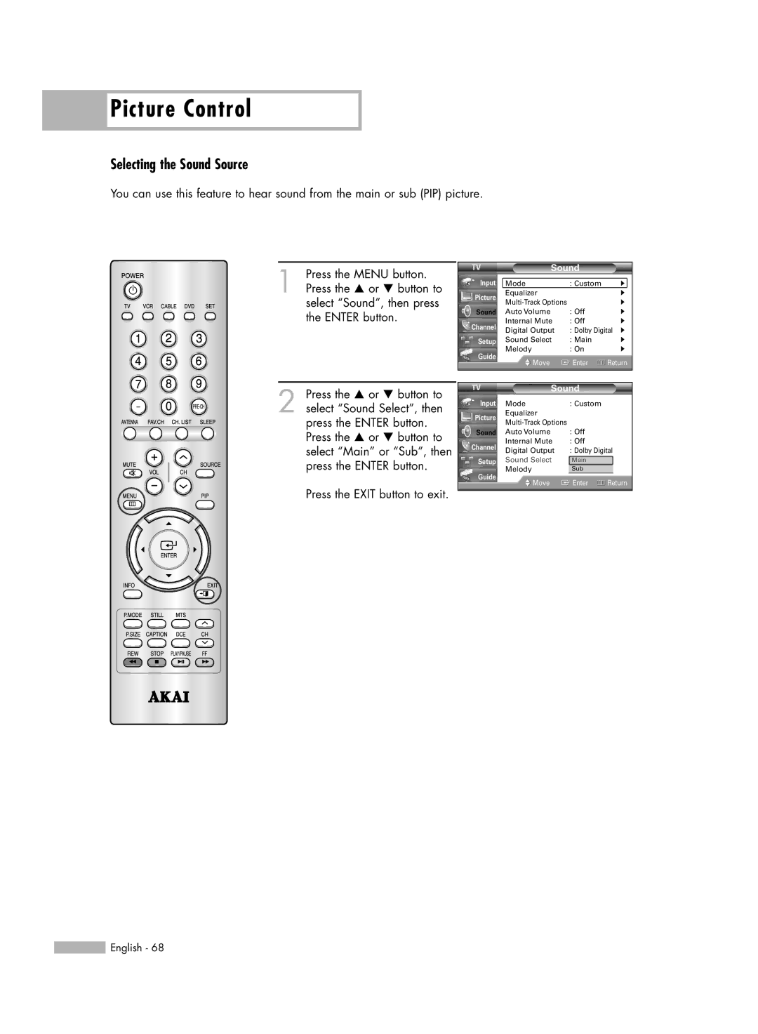 Akai PT50DL14 manual Selecting the Sound Source 