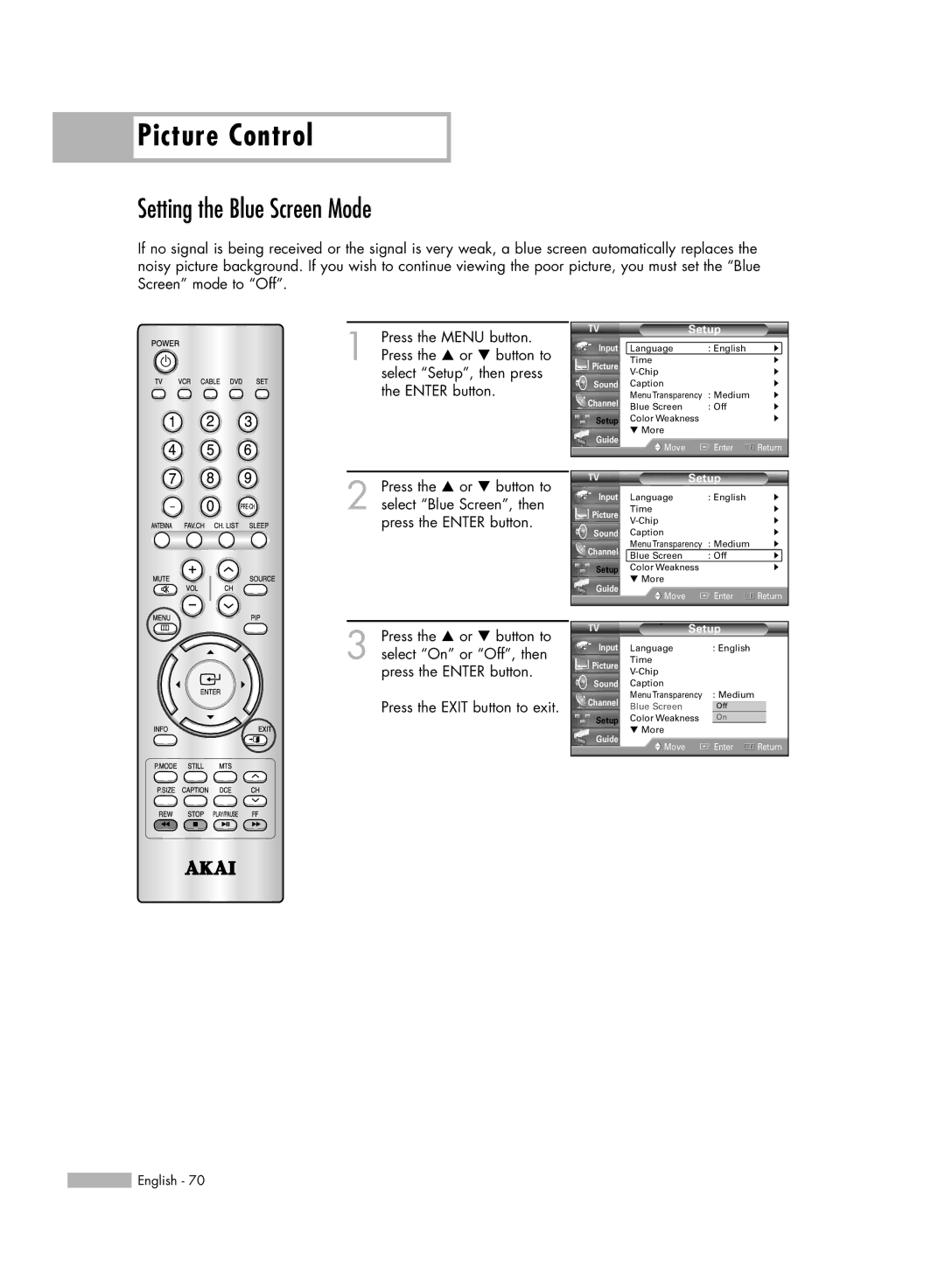 Akai PT50DL14 manual Setting the Blue Screen Mode, Setup 