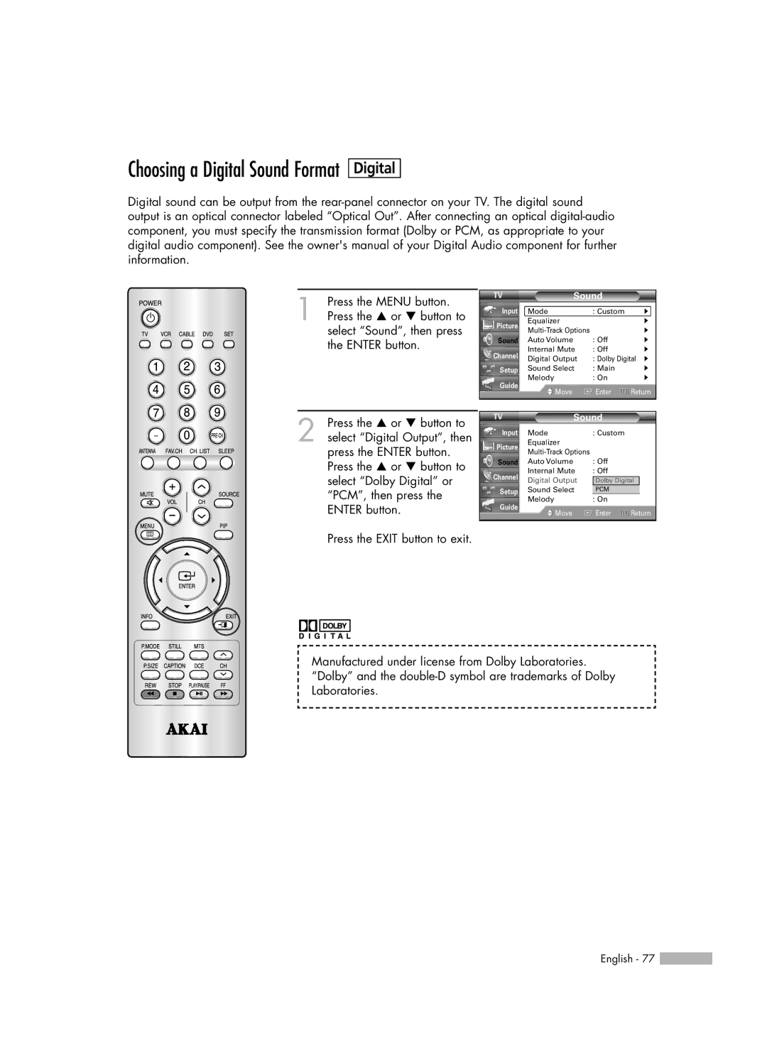 Akai PT50DL14 manual Choosing a Digital Sound Format 