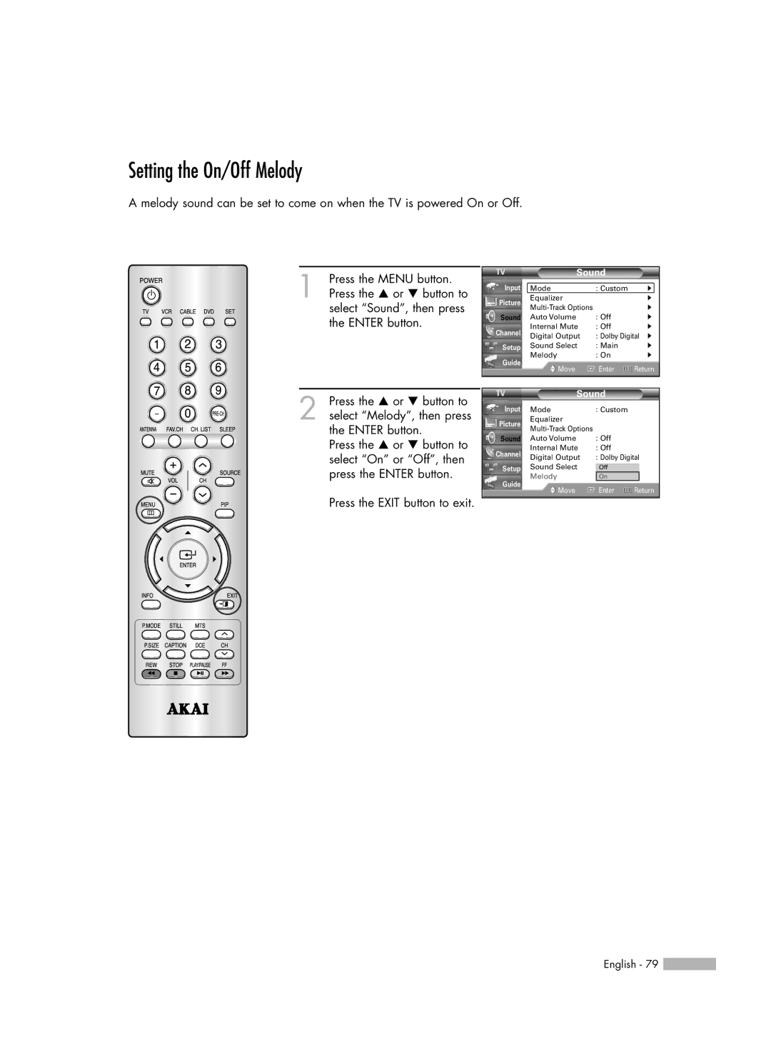 Akai PT50DL14 manual Setting the On/Off Melody 