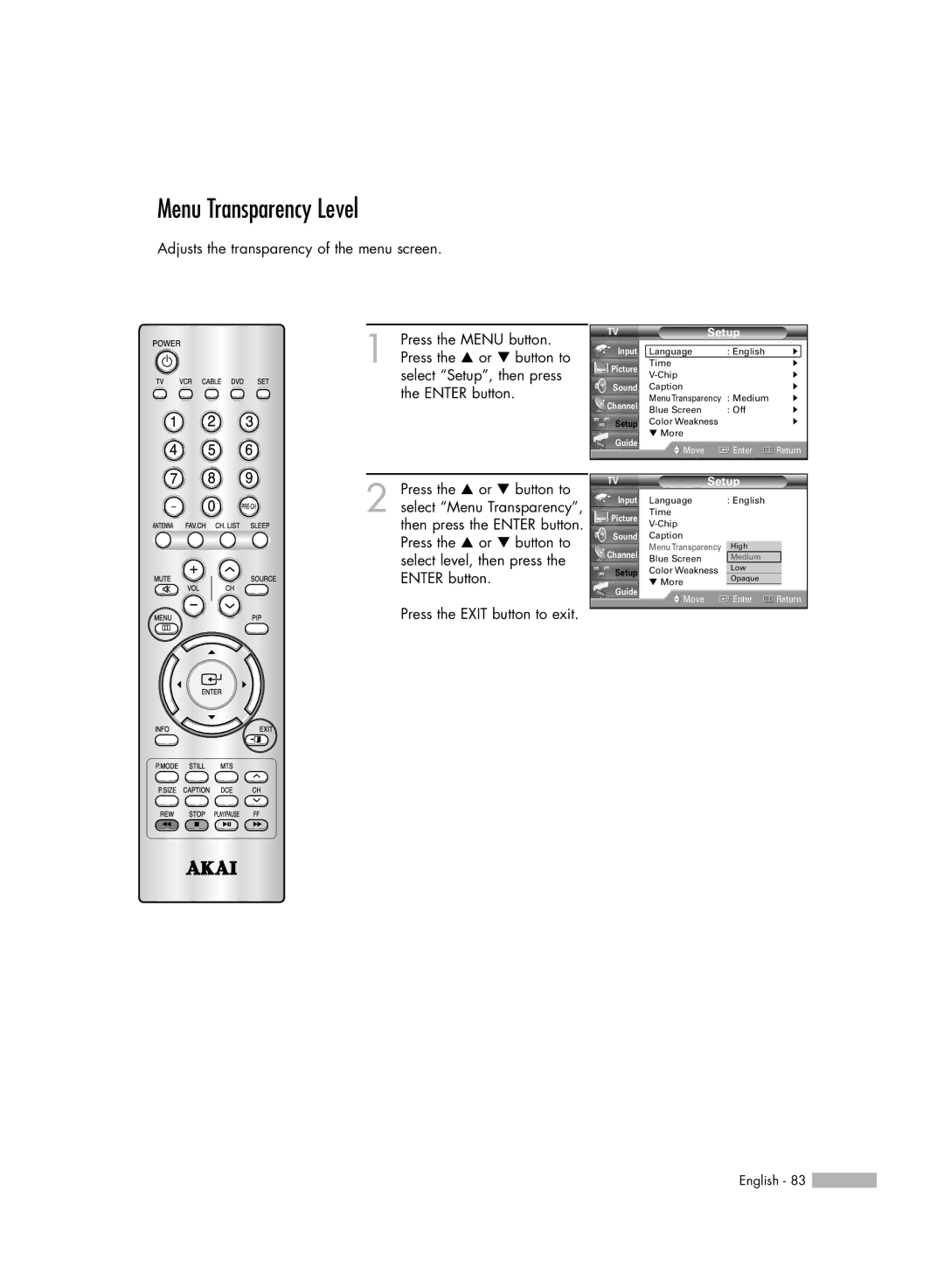 Akai PT50DL14 manual Menu Transparency Level 