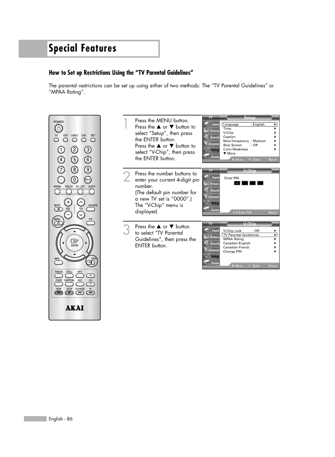 Akai PT50DL14 manual How to Set up Restrictions Using the TV Parental Guidelines 