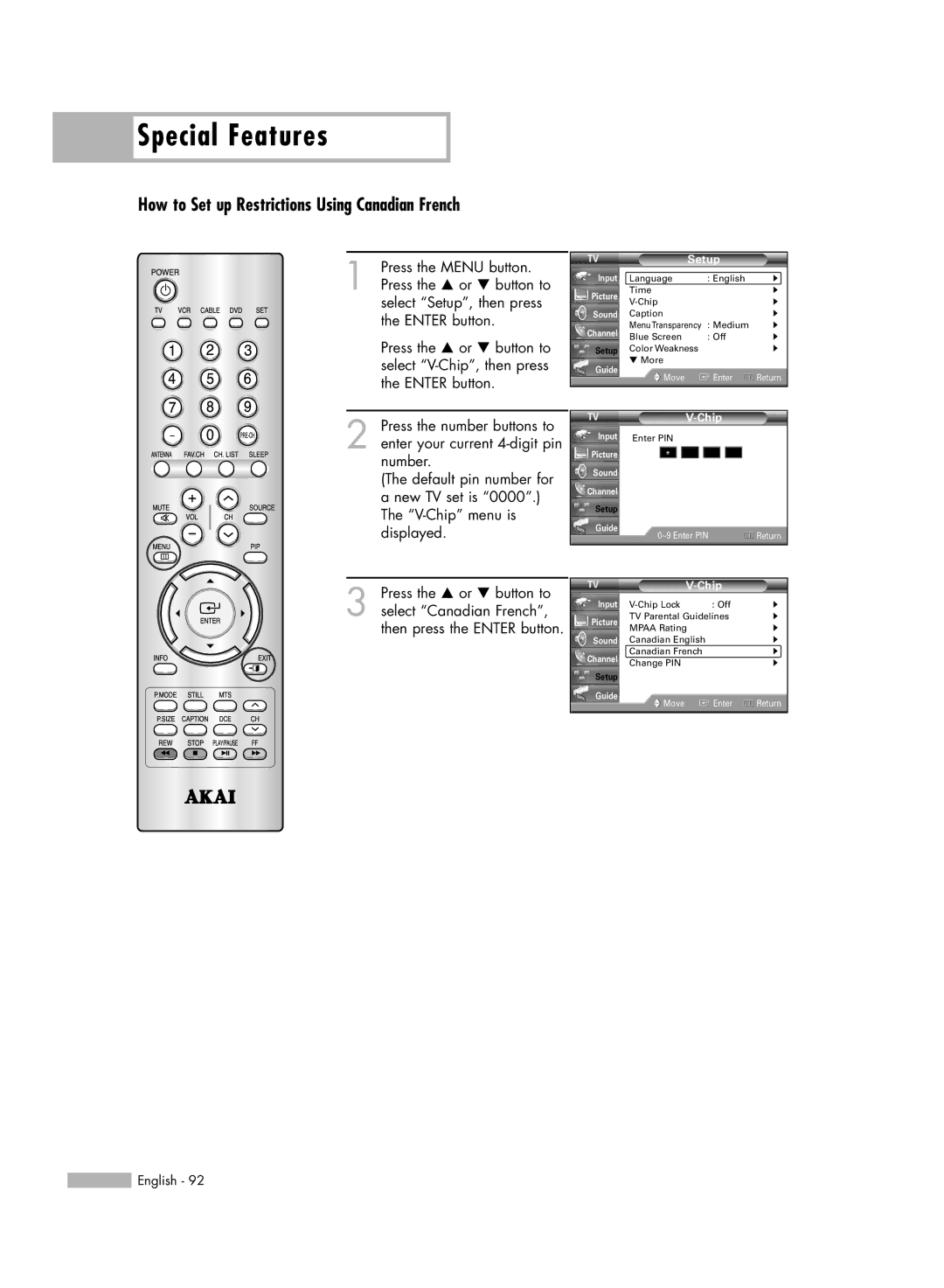 Akai PT50DL14 manual How to Set up Restrictions Using Canadian French 