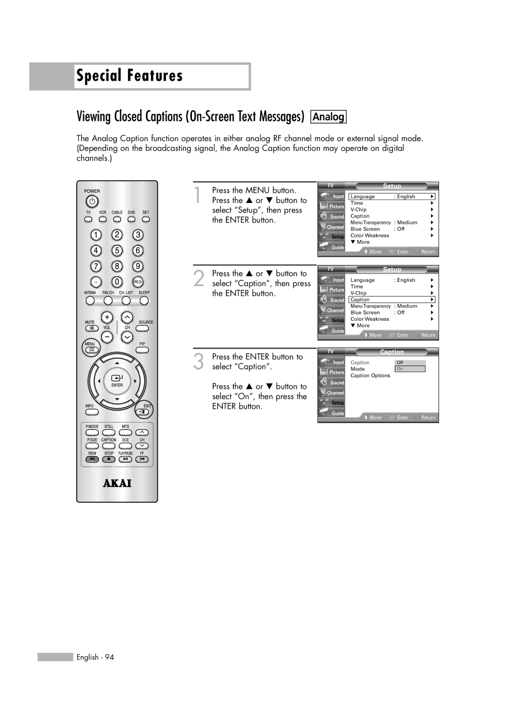 Akai PT50DL14 manual Caption 