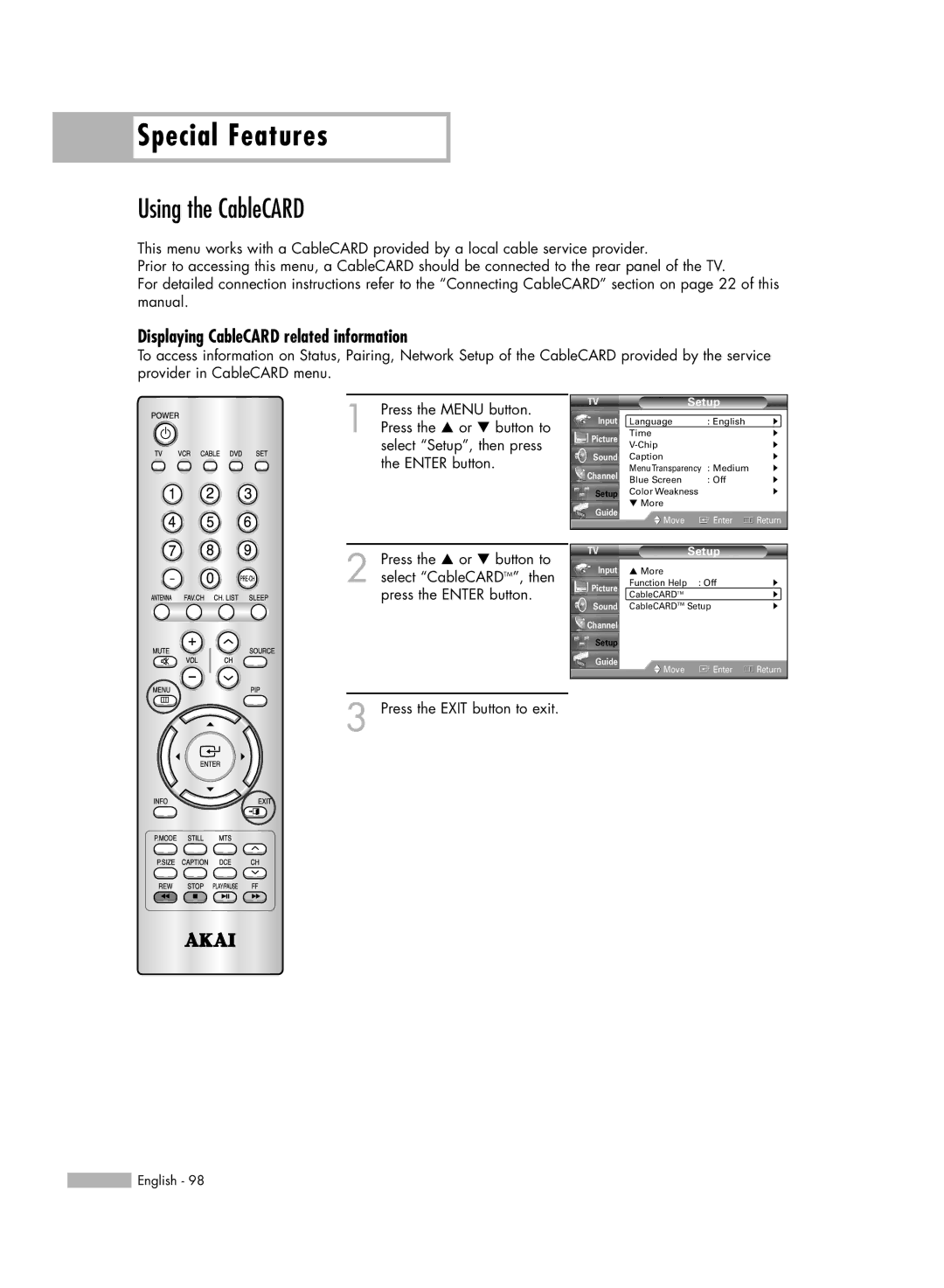 Akai PT50DL14 manual Using the CableCARD, Displaying CableCARD related information 