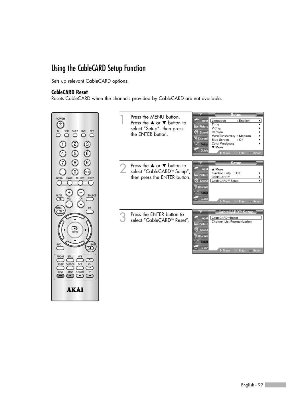 Akai PT50DL14 manual Using the CableCARD Setup Function, CableCARD Reset, CableCARDTM Setup 