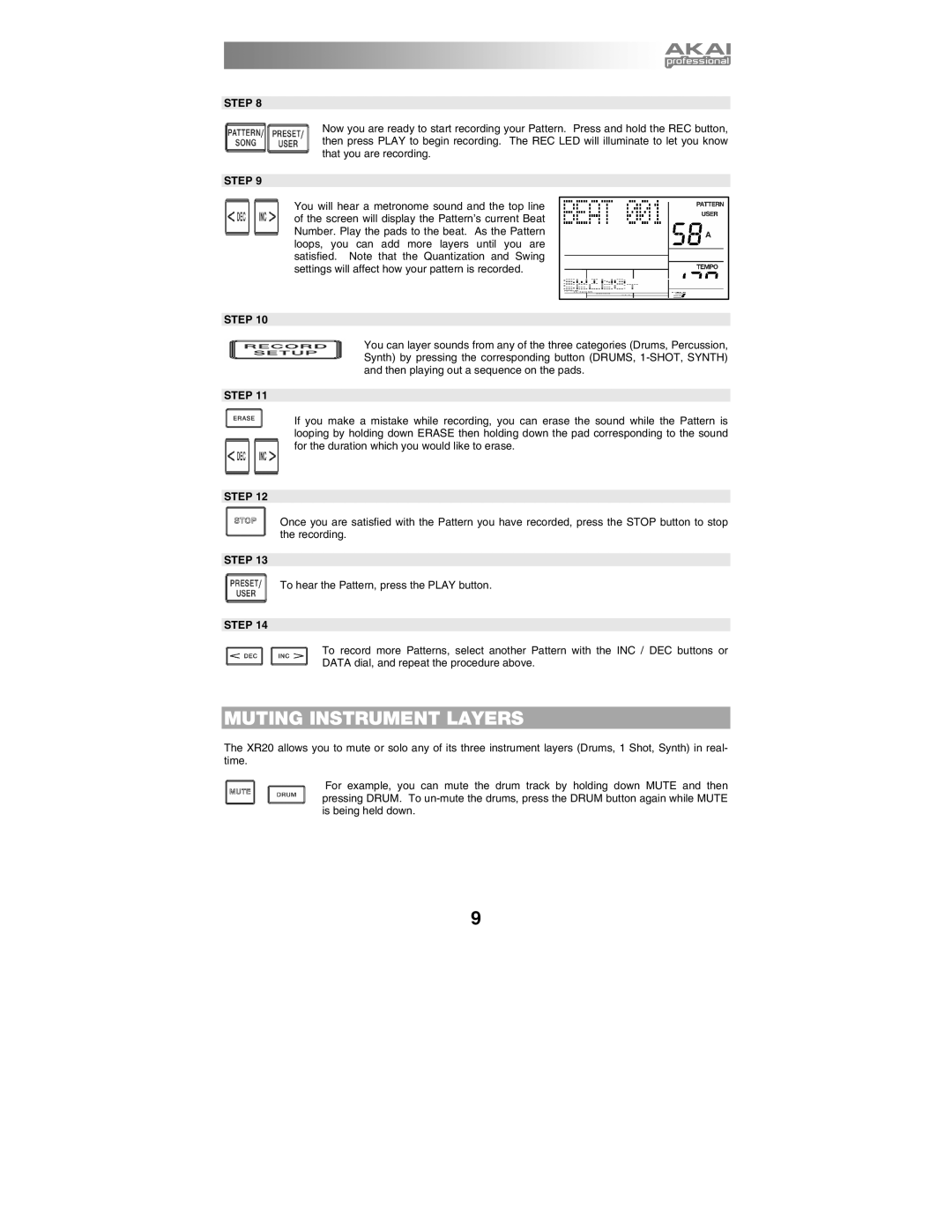 Akai XR20 quick start manual Muting Instrument Layers 