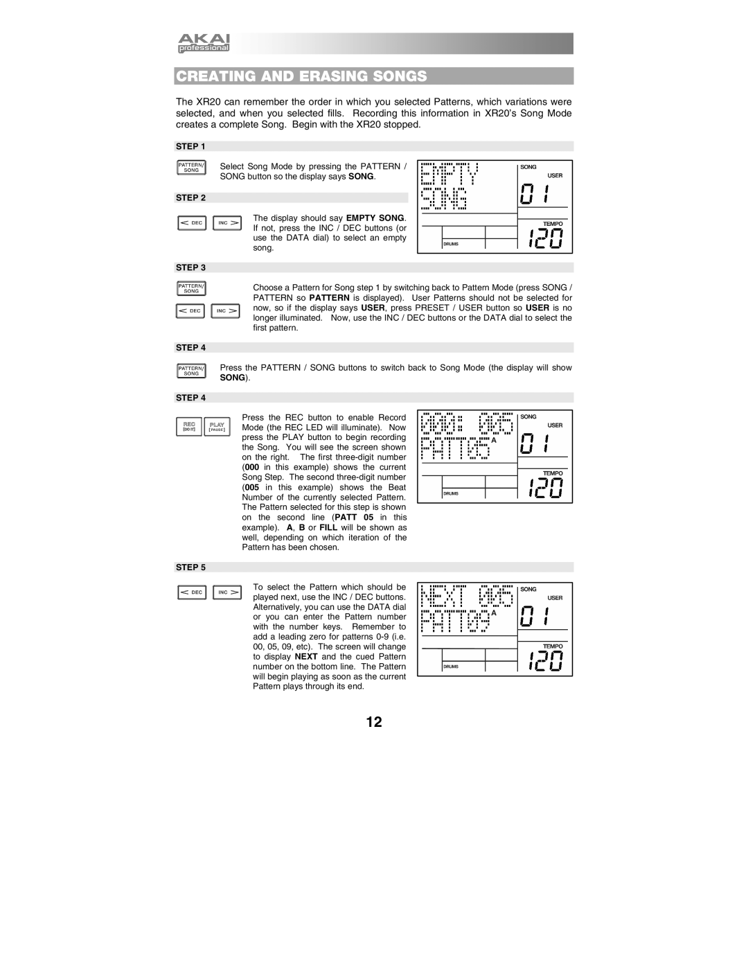 Akai XR20 quick start manual Creating and Erasing Songs 