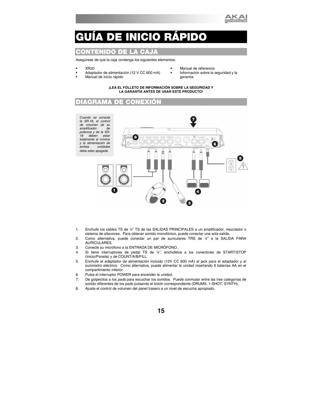 Akai XR20 quick start manual Contenido DE LA Caja, Diagrama DE Conexión 