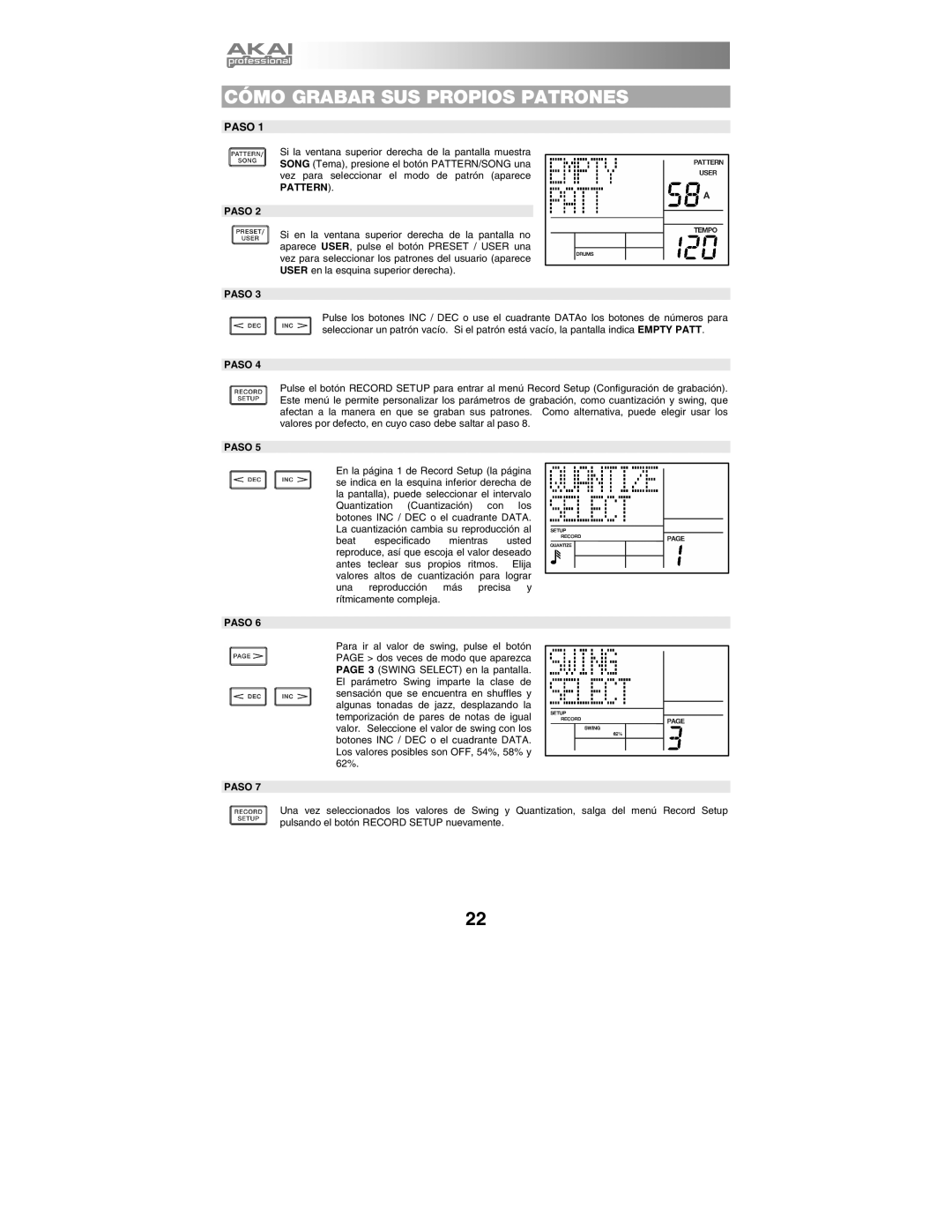 Akai XR20 quick start manual Cómo Grabar SUS Propios Patrones 