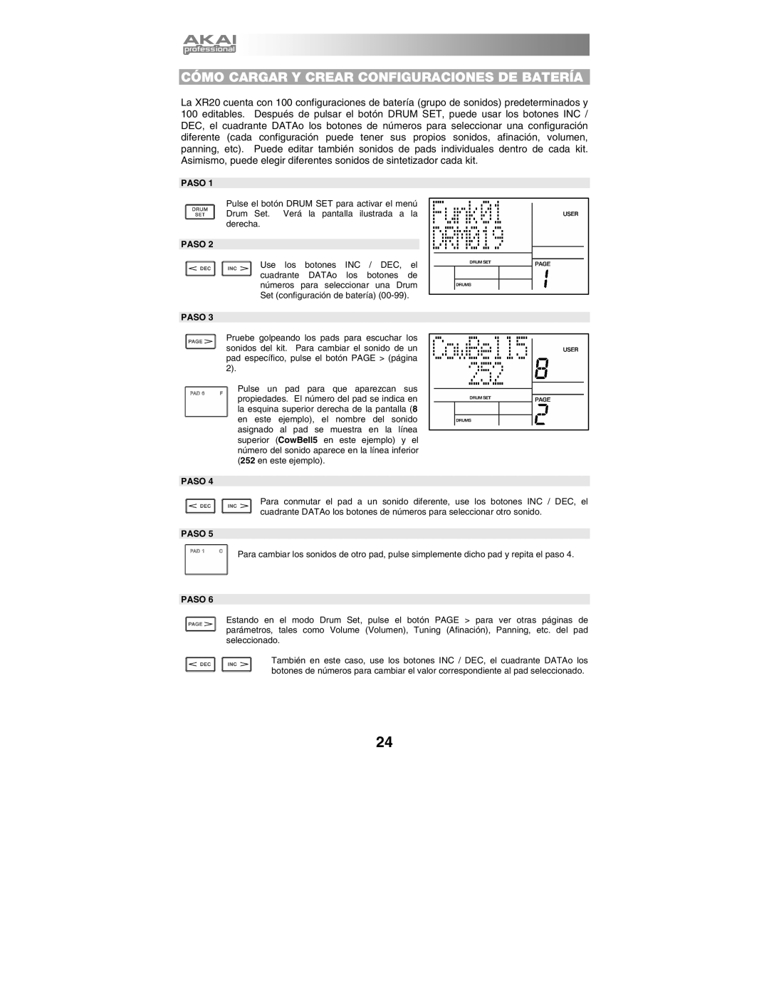 Akai XR20 quick start manual Cómo Cargar Y Crear Configuraciones DE Batería 