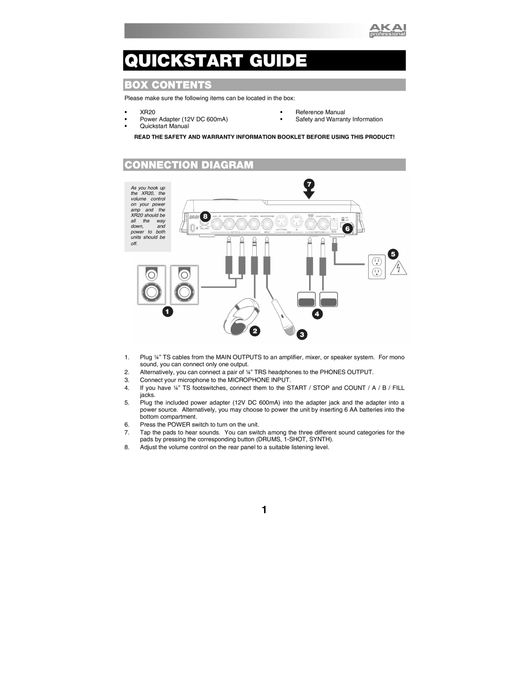 Akai XR20 quick start manual BOX Contents, Connection Diagram 