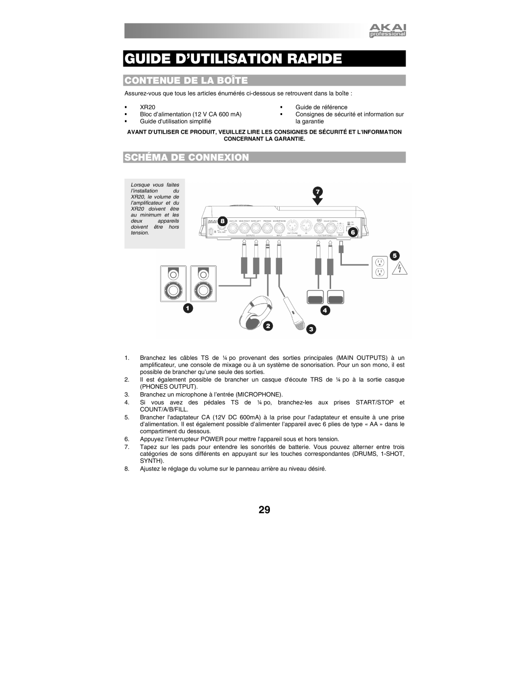 Akai XR20 quick start manual Guide D’UTILISATION Rapide 