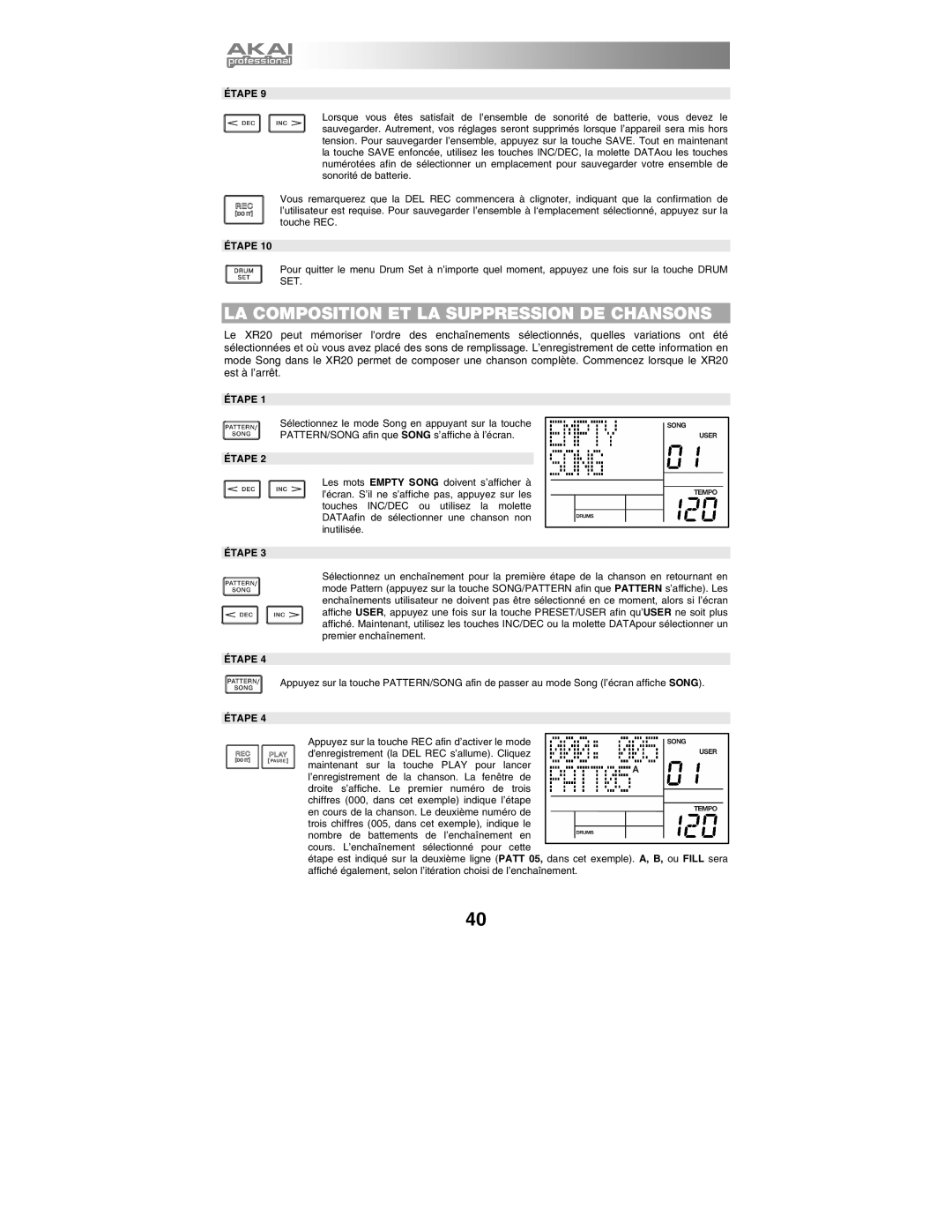 Akai XR20 quick start manual LA Composition ET LA Suppression DE Chansons 