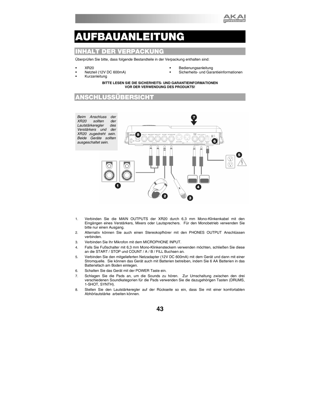 Akai XR20 quick start manual Inhalt DER Verpackung, Anschlussübersicht 