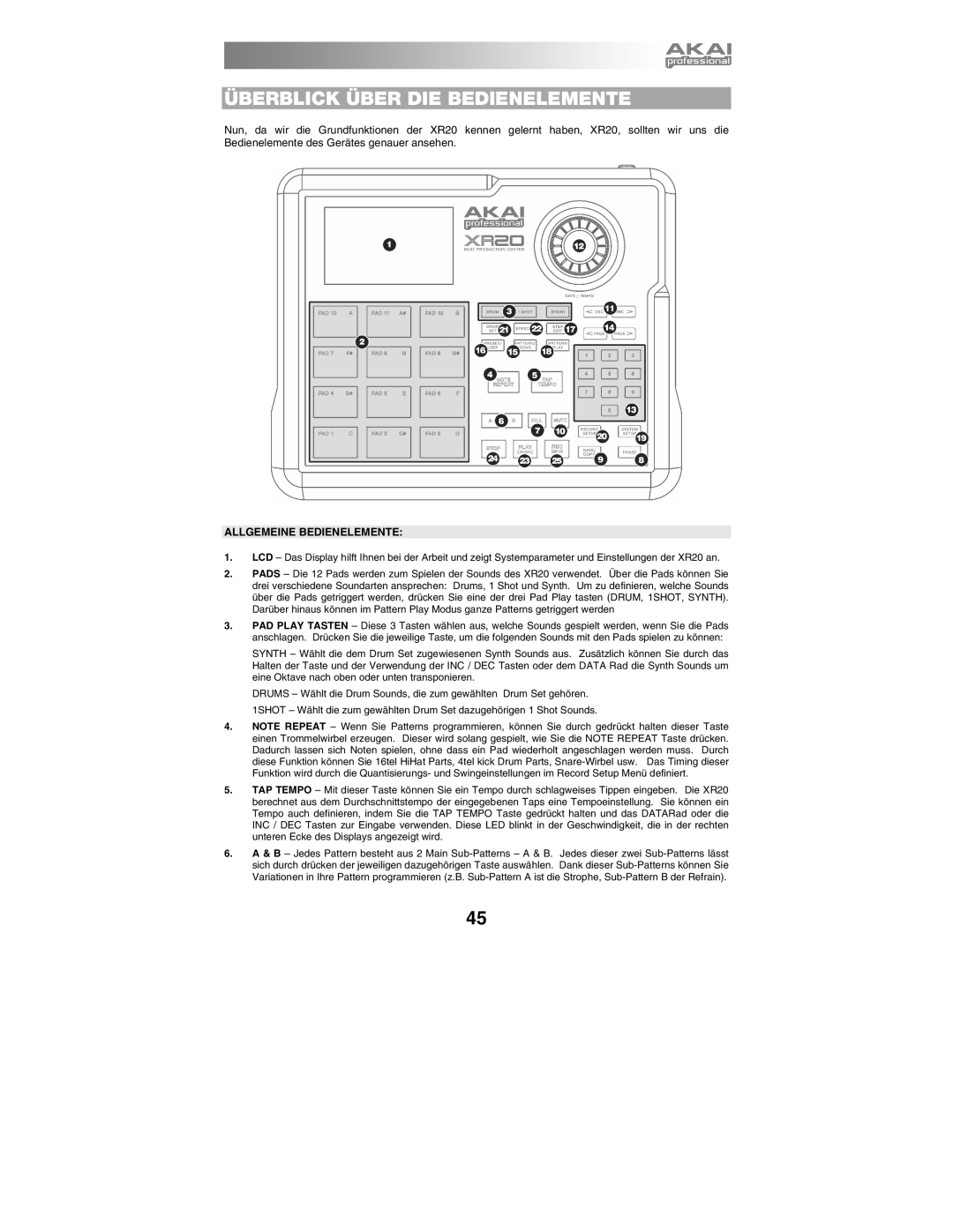 Akai XR20 quick start manual Überblick Über DIE Bedienelemente, Allgemeine Bedienelemente 