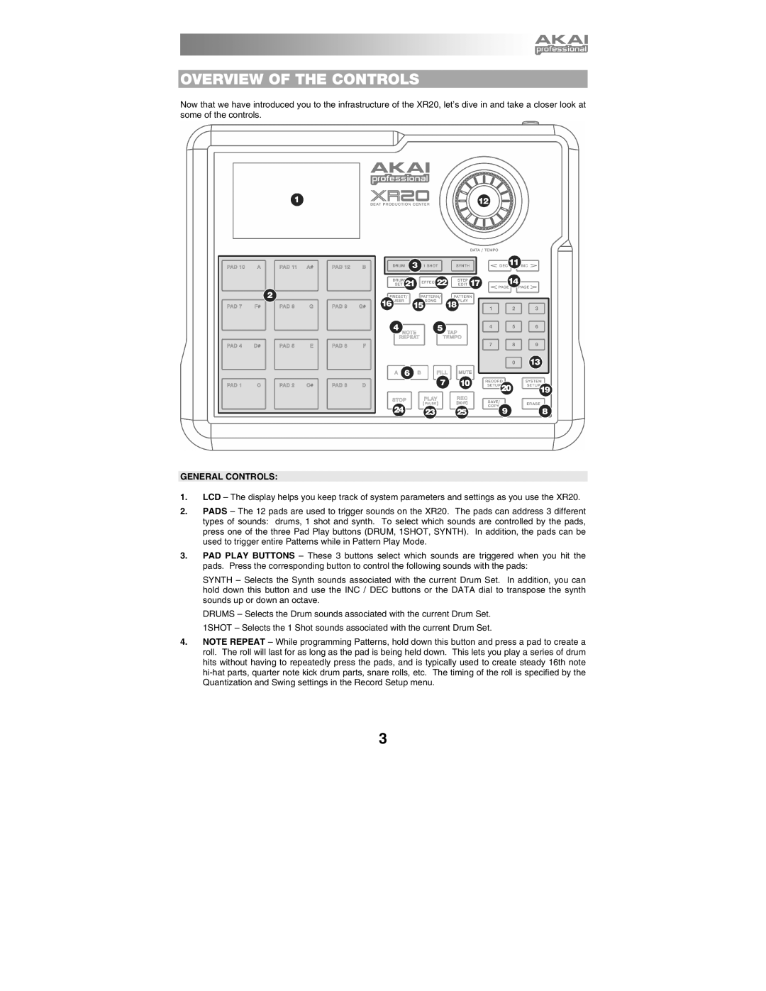 Akai XR20 quick start manual Overview of the Controls, General Controls 