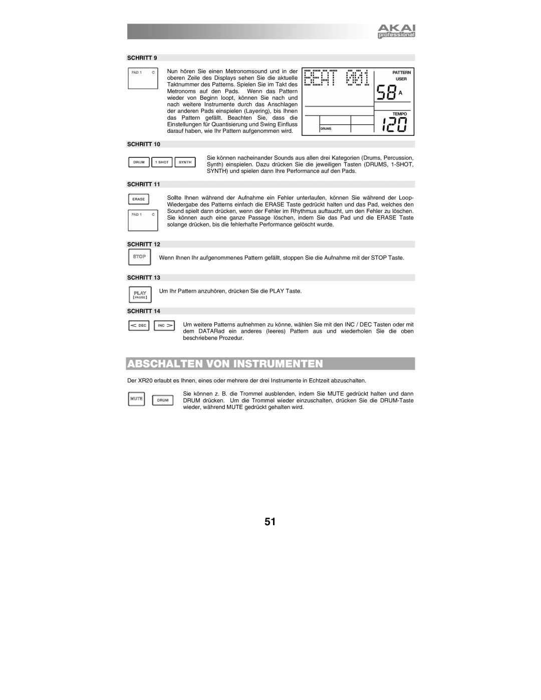 Akai XR20 quick start manual Abschalten VON Instrumenten 