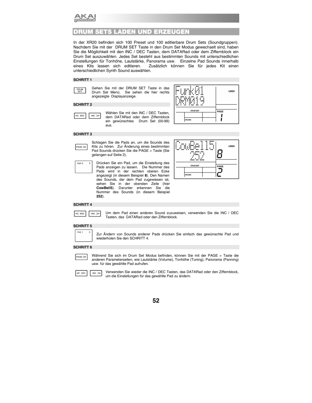 Akai XR20 quick start manual Drum Sets Laden UND Erzeugen 