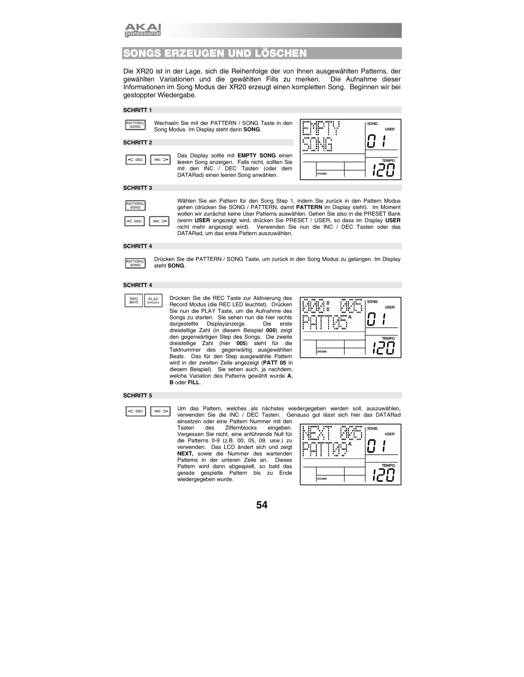 Akai XR20 quick start manual Songs Erzeugen UND Löschen 