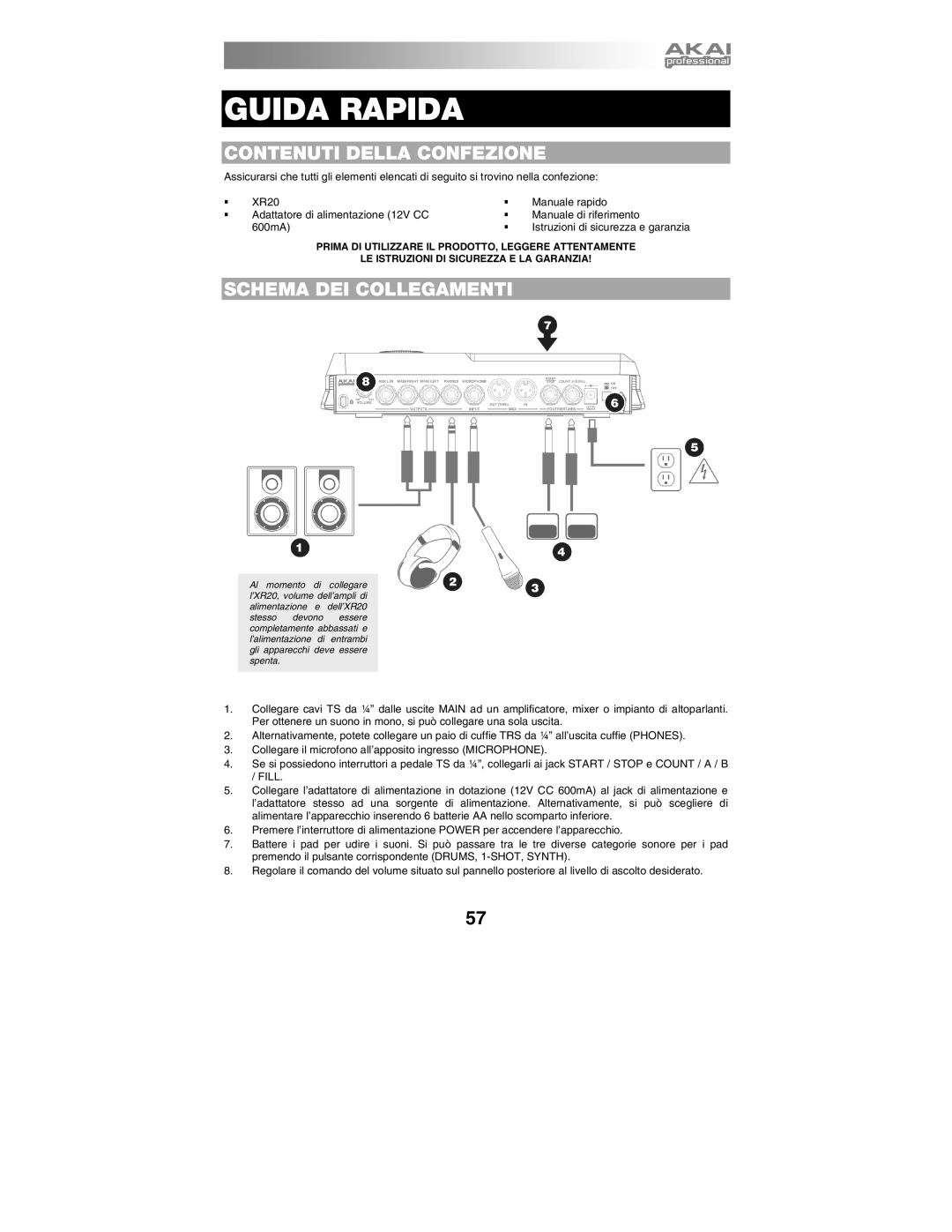 Akai XR20 quick start manual Contenuti Della Confezione, Schema DEI Collegamenti 