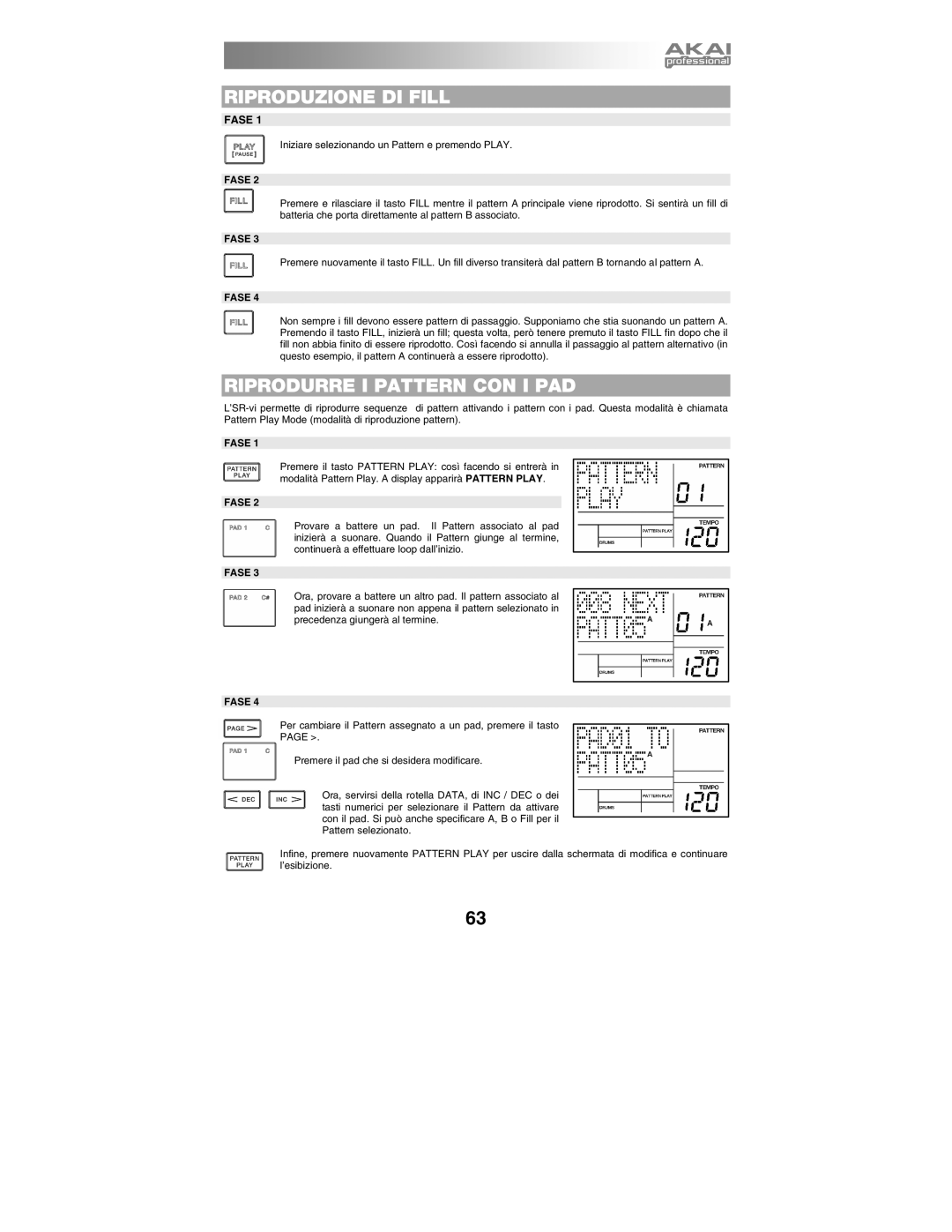 Akai XR20 quick start manual Riproduzione DI Fill, Riprodurre I Pattern CON I PAD 