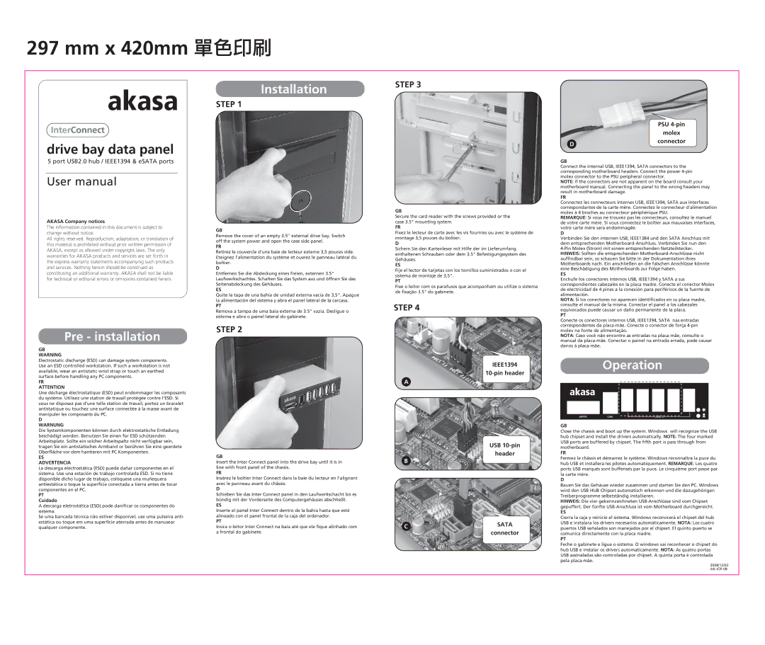 Akasa AC-ICR-08 user manual Pre installation, Installation, Operation, Warnung, Advertencia 