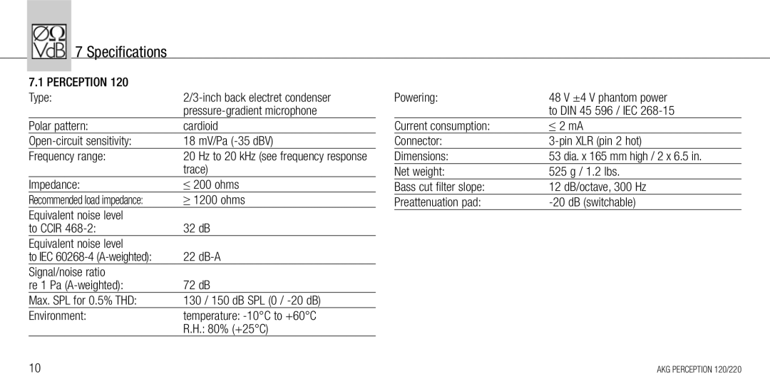 AKG Acoustics 120, 220 manual Specifications 