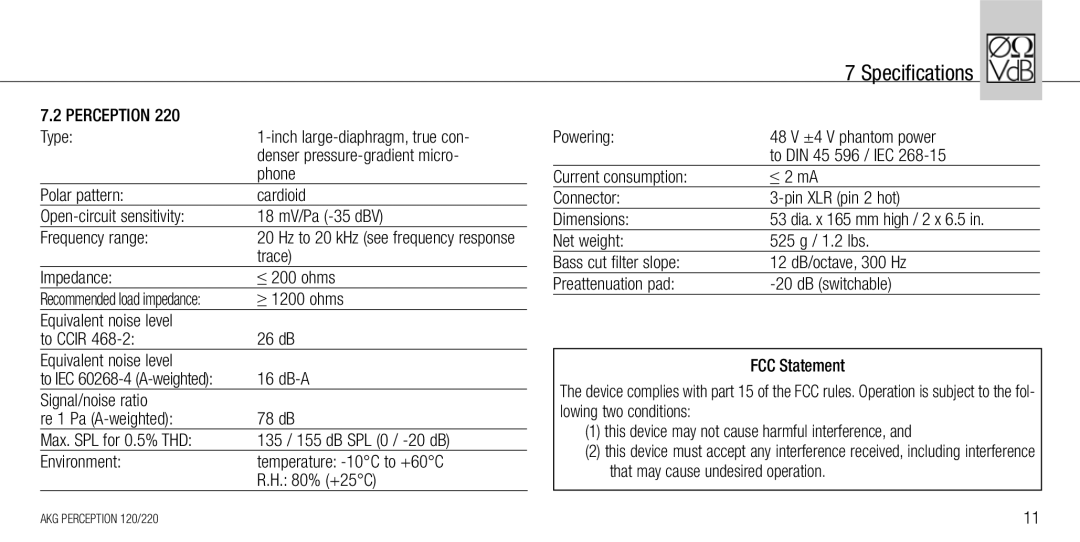 AKG Acoustics 220, 120 manual Equivalent noise level To Ccir 26 dB 