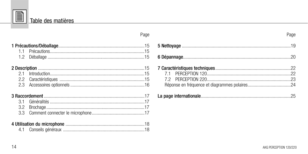 AKG Acoustics 120, 220 manual Table des matières, Dépannage 