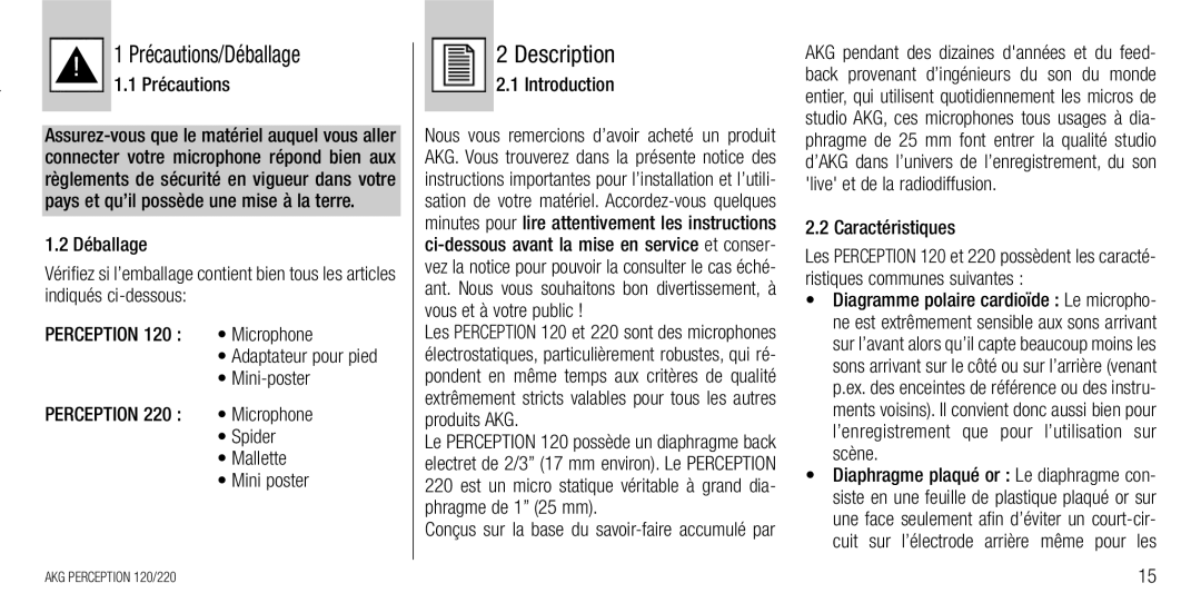 AKG Acoustics 220, 120 manual ! 11.1Précautions/DéballagePrécautions, Mini-poster, Spider, Mallette, Caractéristiques 