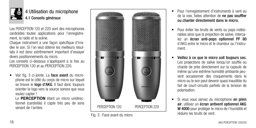 AKG Acoustics 120, 220 manual Utilisation du microphone, Conseils généraux, Voulez capter, Venant de l‘arrière 